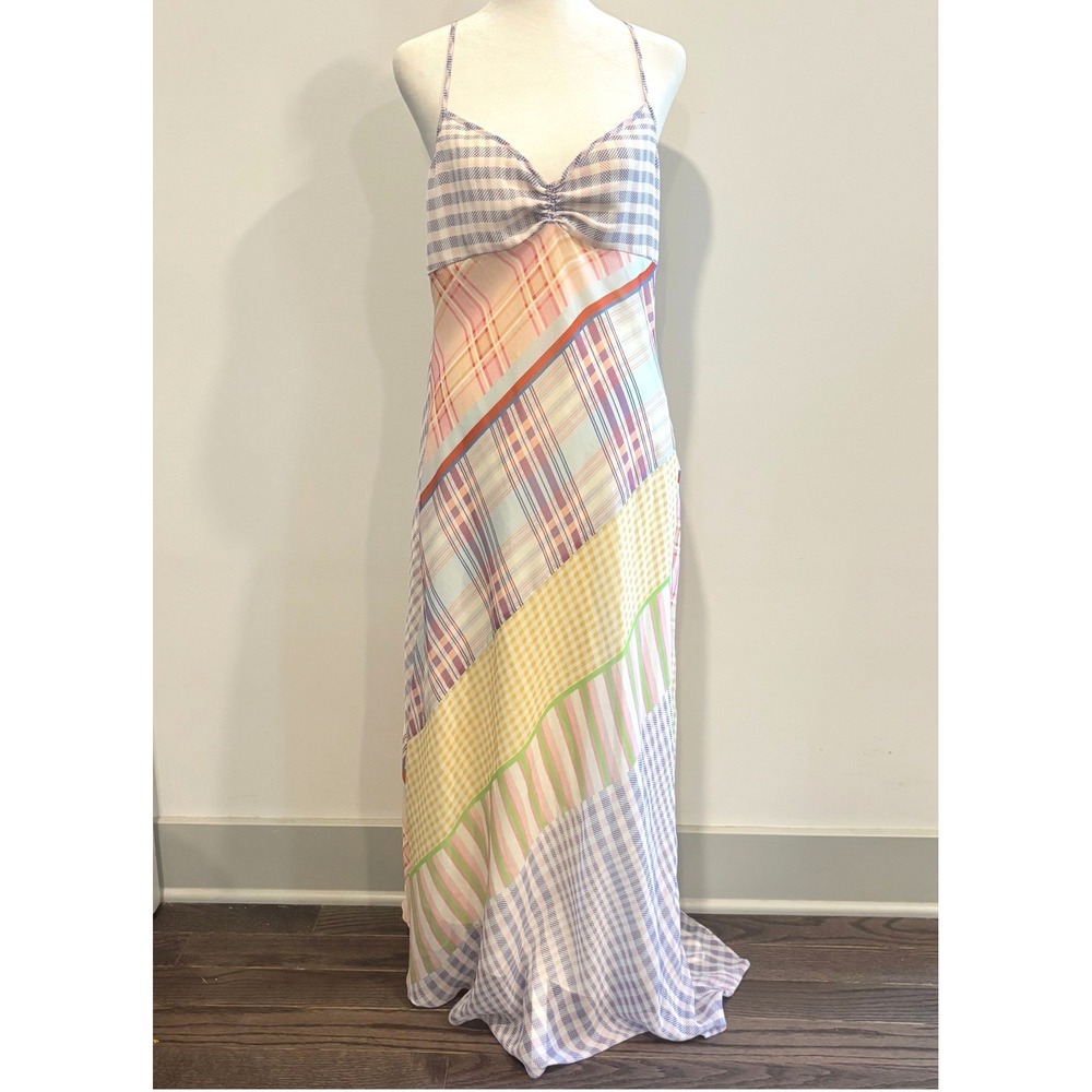 Mango Patchwork Maxi Dress 8 Plaid Gingham Patchwork Sheer Cottagecore 21911